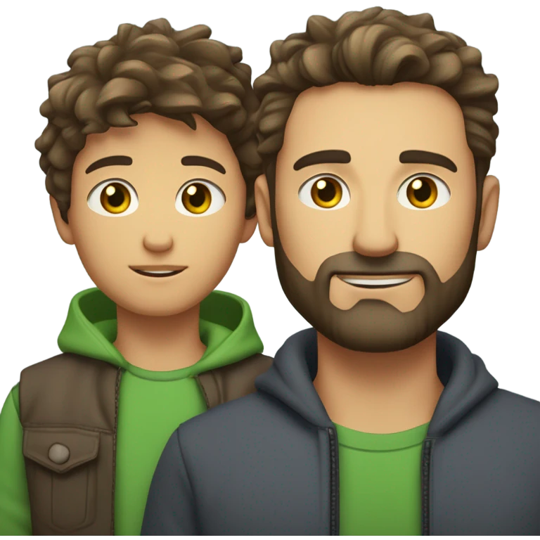 Handsome Father 40s green eyes with short full beard with Son 13s tousled bedhead look both has brunette hair light skin arms on shoulder portrait emoji