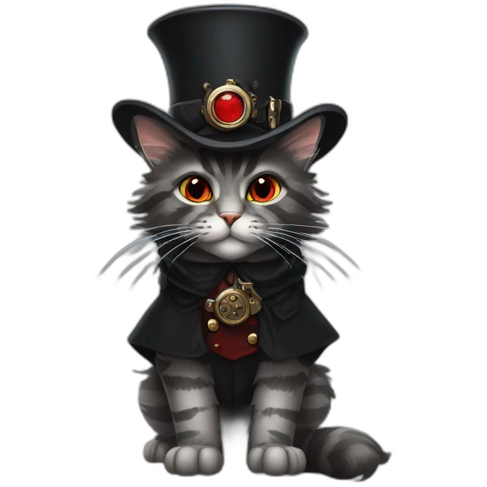 a dark grey tabby maine coon with red eyes wearing a black steampunk hat and a grey hunter cloak emoji