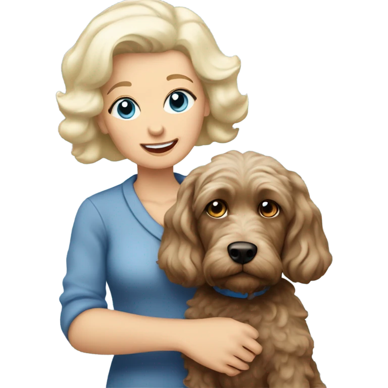 blue eyed old blonde lady with dark brown Cockapoo puppy dog emoji
