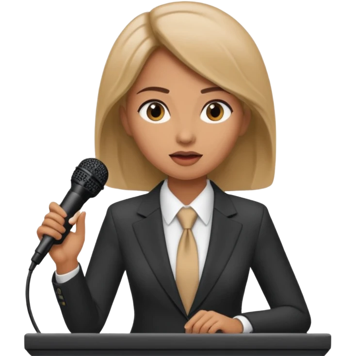 A woman speaks into a microphone, and there is a prompter screen in front of him. emoji