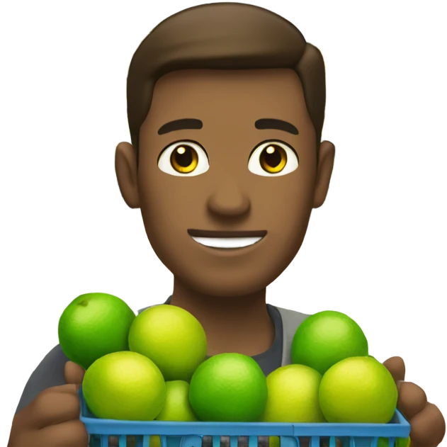 A white man with brown hair and tall carrying many limes in his hands in a supermarket. Make it so the limes are nearly overflowing the basket. emoji
