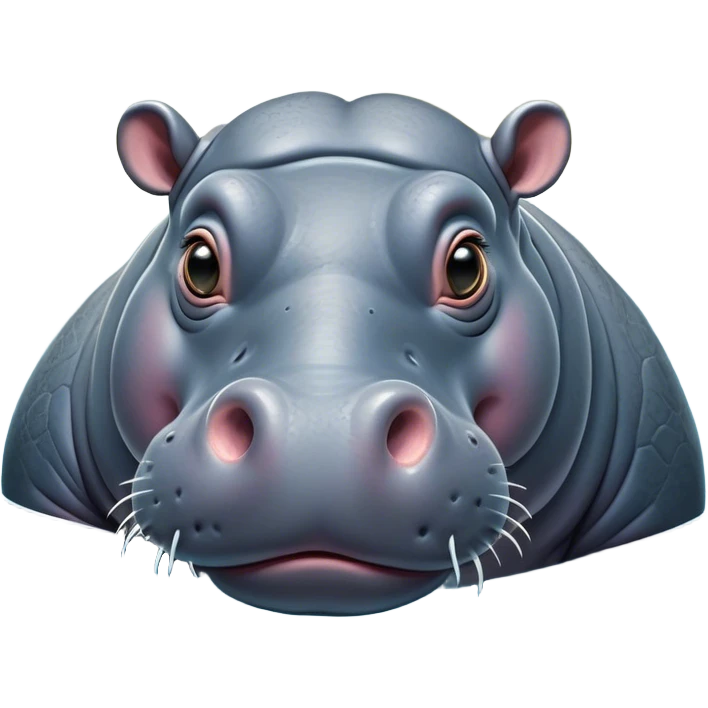 Cinematic Comical Hippo Portrait Emoji, Head tilted dramatically with an exaggeratedly amused expression, featuring a striking, glossy slate-gray hide with bold textured wrinkles, wide, expressive eyes filled with playful disbelief, Simplified yet hilariously expressive features, highly detailed, glowing with a slightly sassy glow, high shine, dramatic yet playful, stylized with an air of cheeky river mischief, bright and endearing, soft glowing outline, capturing the essence of a spirited and over-the-top hippo, so meme-worthy it feels like it could splash its way into internet fame instantly! emoji