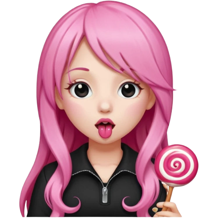 Cute girl with long pink hair wearing black licking a lolli emoji