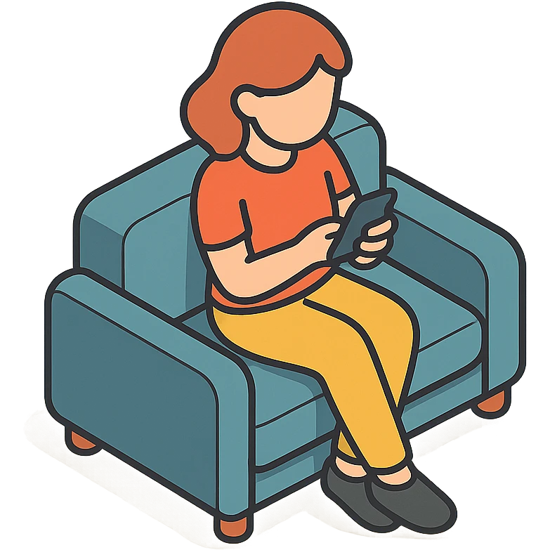 Девушка сидит на диване с телефоном emoji