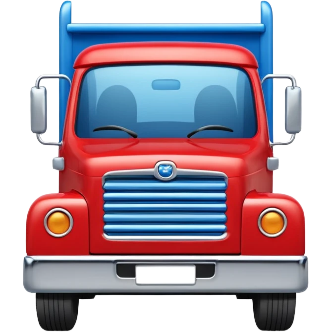 3D red truck emoji, glossy and cute, front view, with a blue plate showing white "TIR" on the front. No brand logos. High quality, simple and clean. emoji