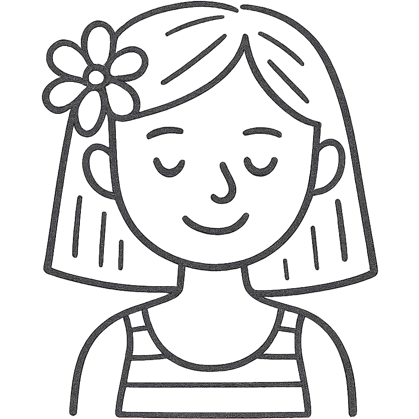 girl with straight hair, flower in hair, summer hand-drawn style outlined icon emoji