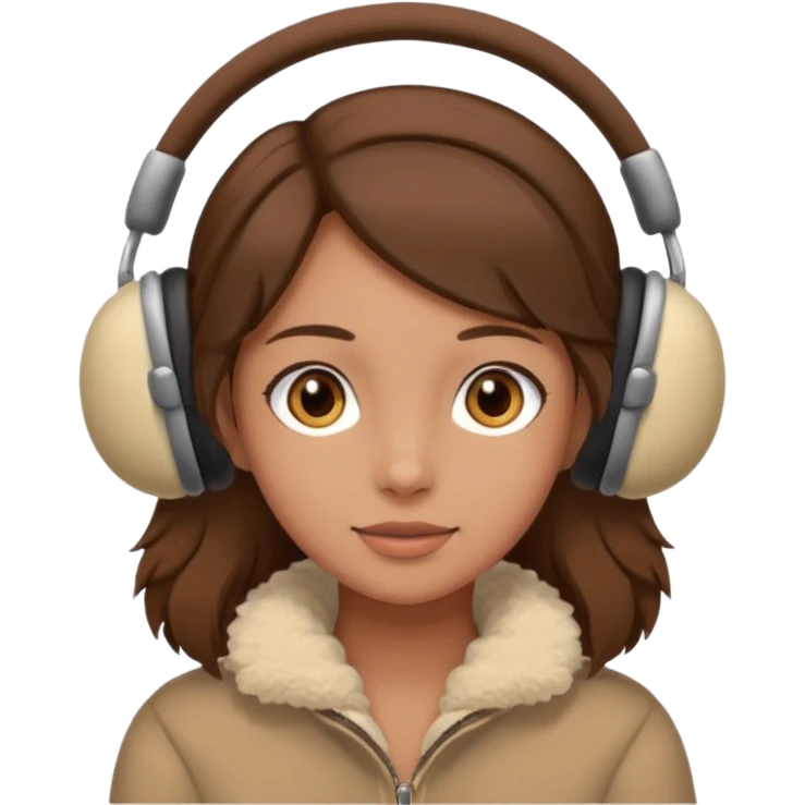 A girl wearing beige ear muffs, tan skin, brown hair, brown eyes emoji