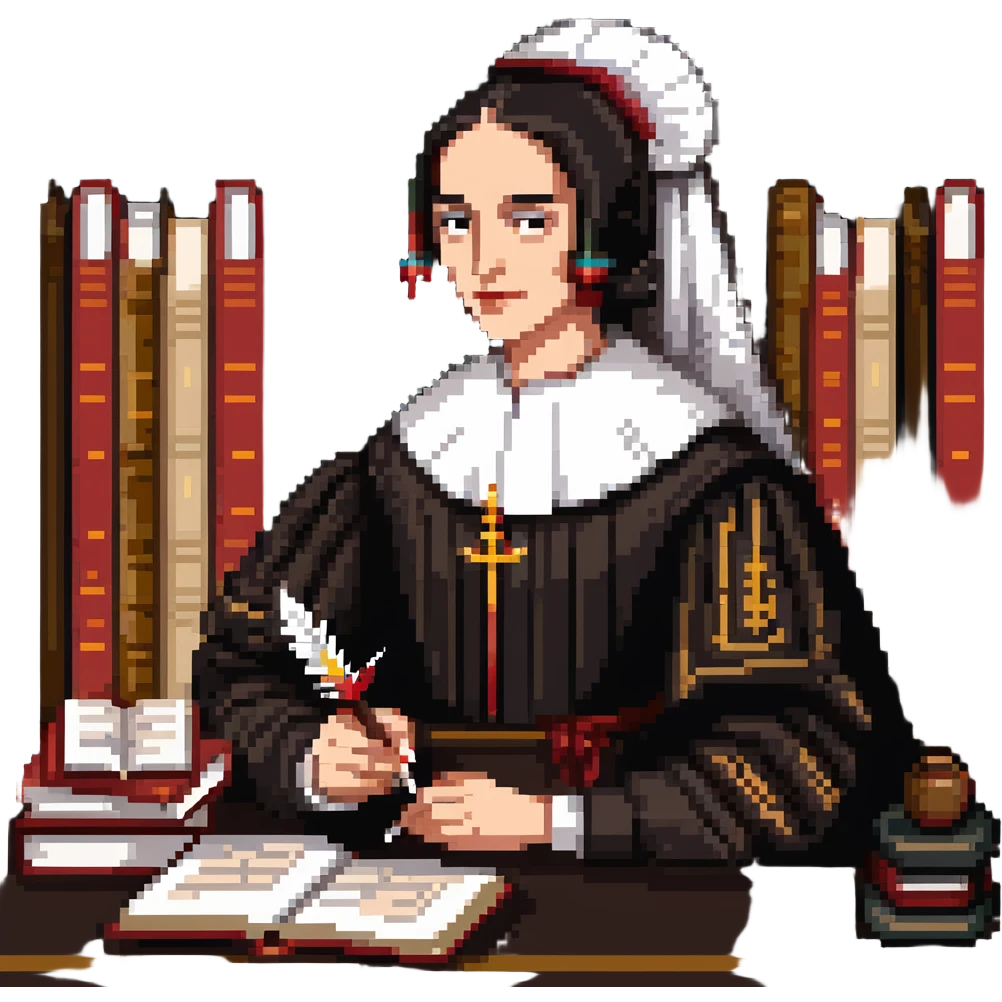 Sor Juana Inés de la Cruz with a quill pen and books emoji