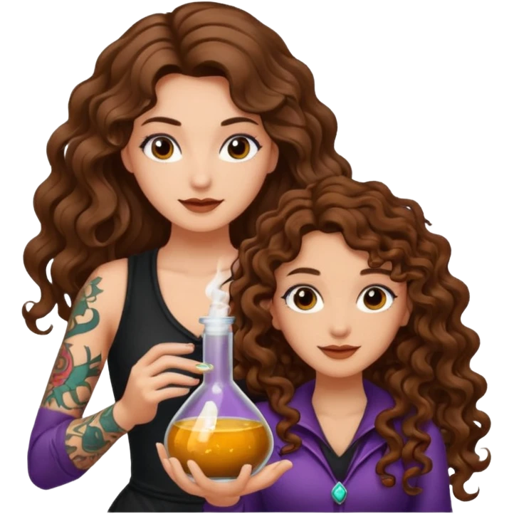 potion combo success — long wavy brown hair tattooed woman and short tight curly brown hair woman — vial connect emoji