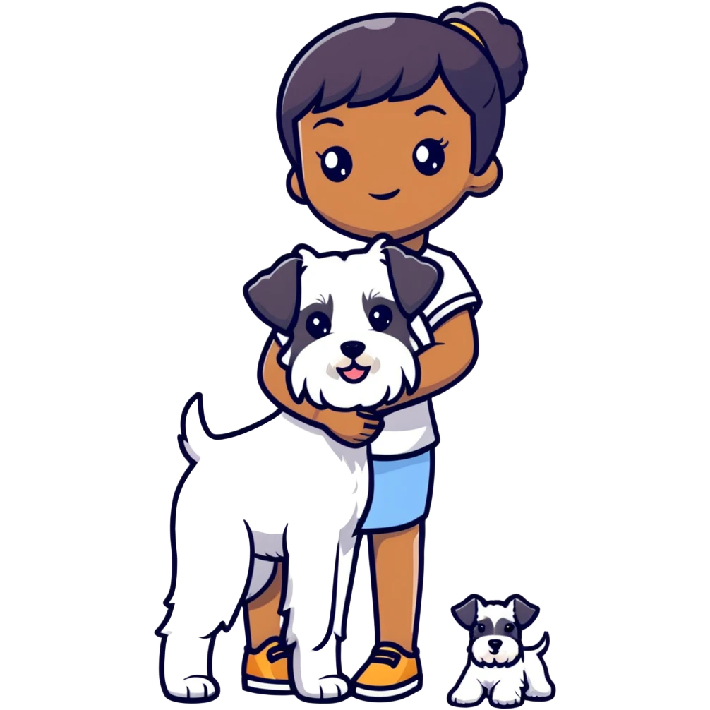 Black girl with short bangs holding a white schnauzer dog emoji