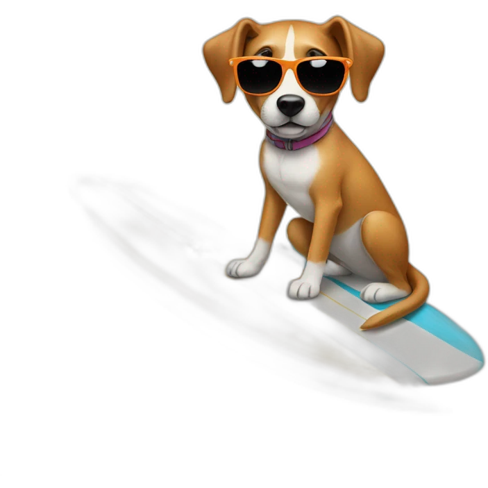 Dog posing on a surfboard with sunglasses emoji