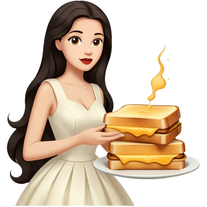 Beautiful woman in 1950’s woman fashion look, white dress, long dark brown hair, grilled cheese sandwiche emoji