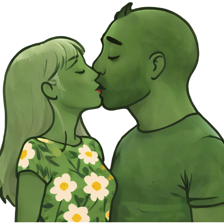 Girl with long blonde hair of a couple kissing give the guy brown and white mixed hair emoji