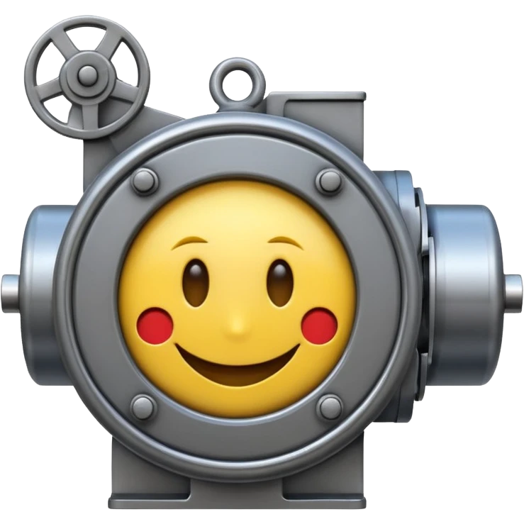 Industrial mechanical motor with a smiley face, emoji for the new electric music genre Motor breaks must be friendly and sellable must be small but clear child friendly, ready to use as a logo emoji