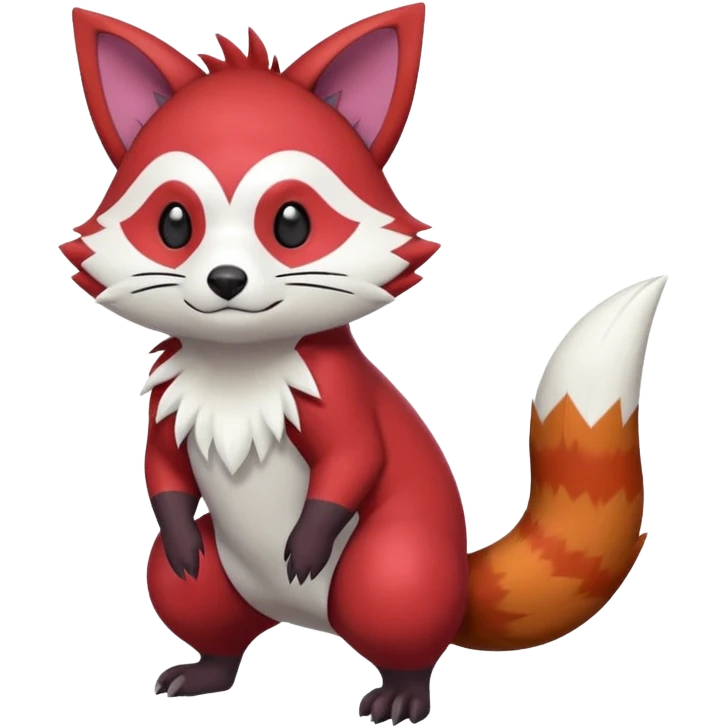 Red, brown, black, white, yellow, Zangoose-Cacomistl-Red-Panda-Rattata-Skitty-Noibat-Purrloin-Fakemon-hybrid-creature (full body) emoji