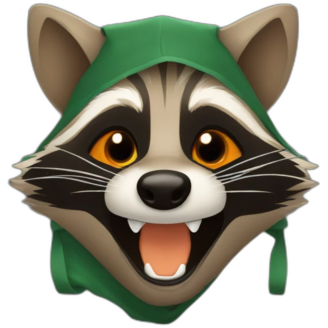 brown raccoon with orange eyes and a dark green hood that is laughing emoji