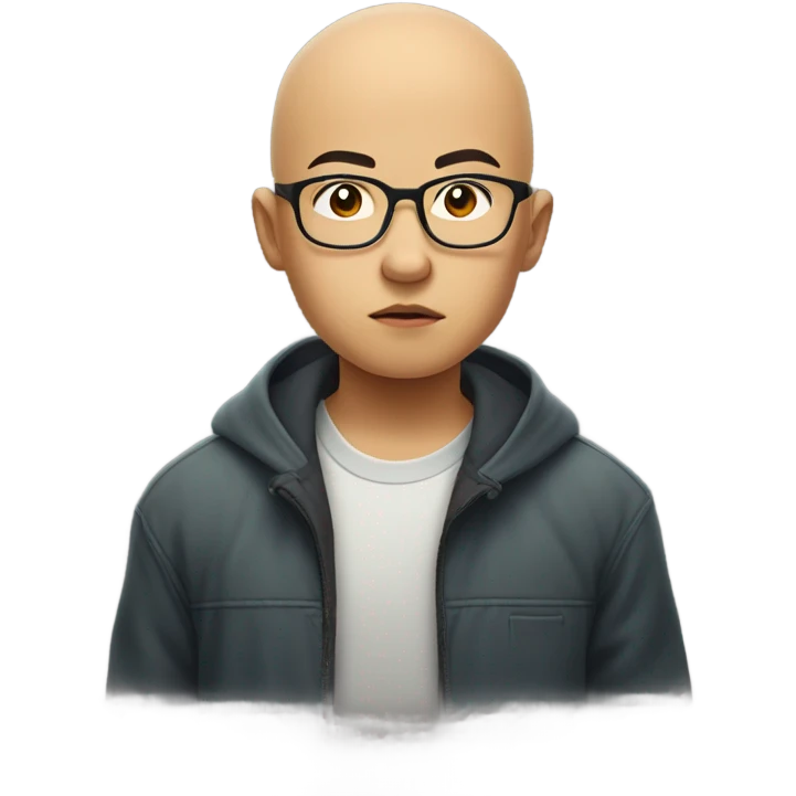  a bald Asian young boy, in glasses, very confused. thinking deeply emoji