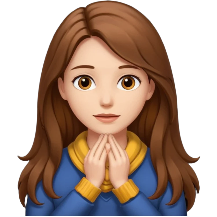 women with brown long hair with her hands around her neck. emoji