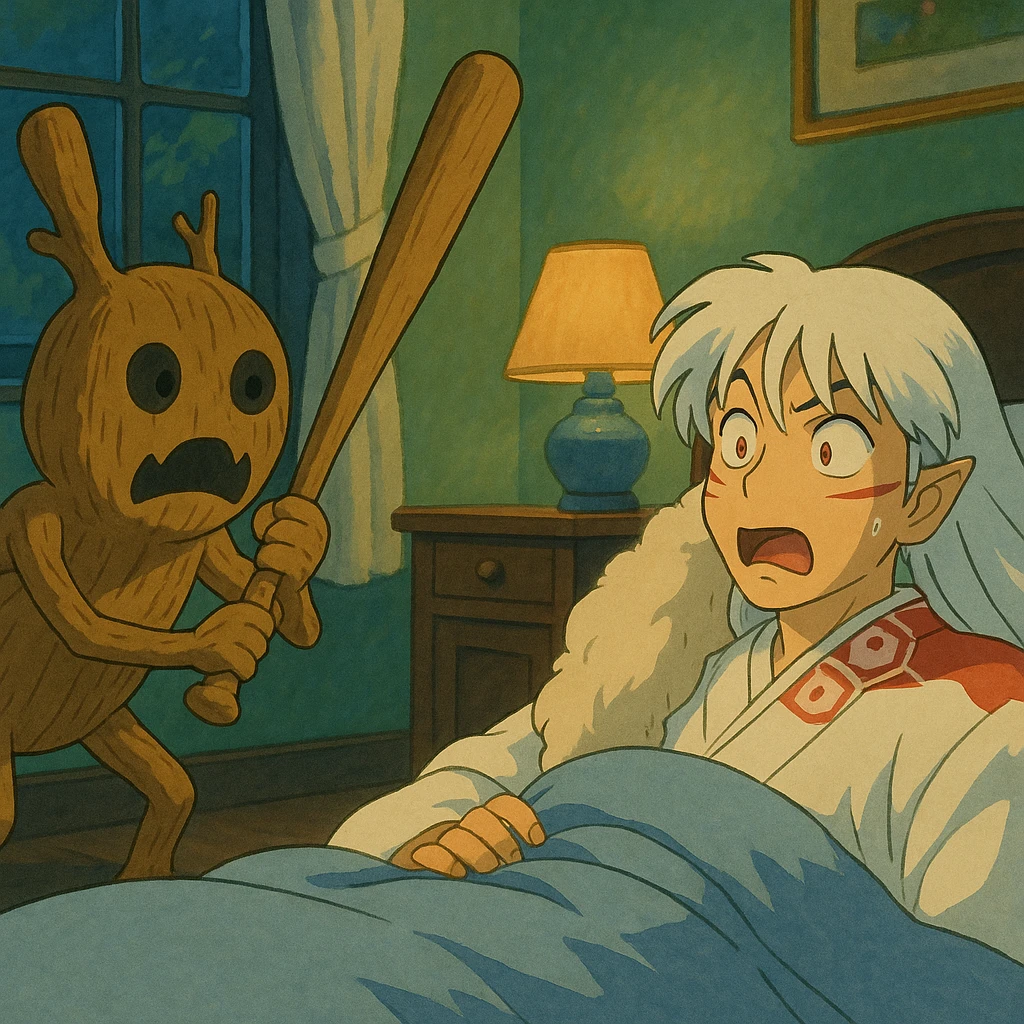 Wooden creature holding a baseball bat and scaring sesshomaru While he is sleeping We are shocked emoji