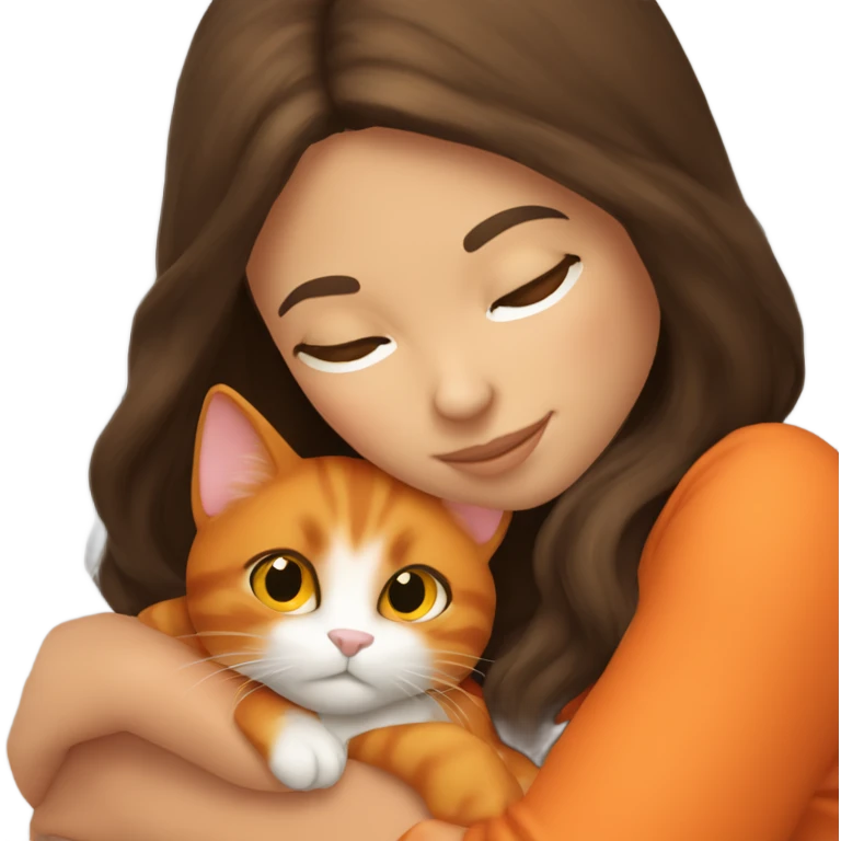 brunette hair girl snuggling orange cat emoji
