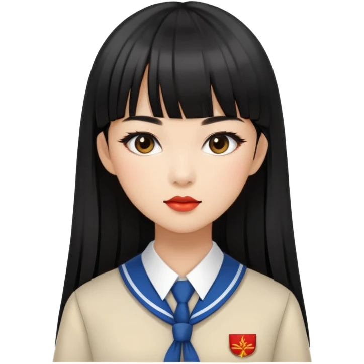 chic woman with Asian skin, black long straight bangs, wearing a school uniform, and makeup emoji
