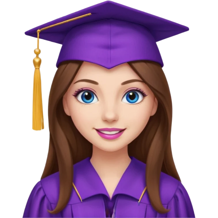 girl with gorgeous long brown hair, blue eyes, long lashes makeup, sexy pink lips, wearing a purple graduation cap and gown emoji