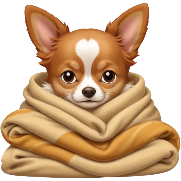Long haired chihuahua, beige/redhaired, head without white markings, with white chest and white socks, head without white, sleeping cutely under blanket emoji