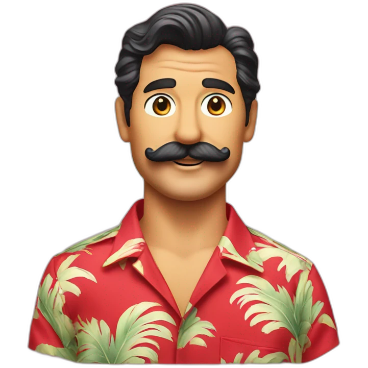 Smiling Magnum PI with a big mustache in a red Hawaiian shirt emoji