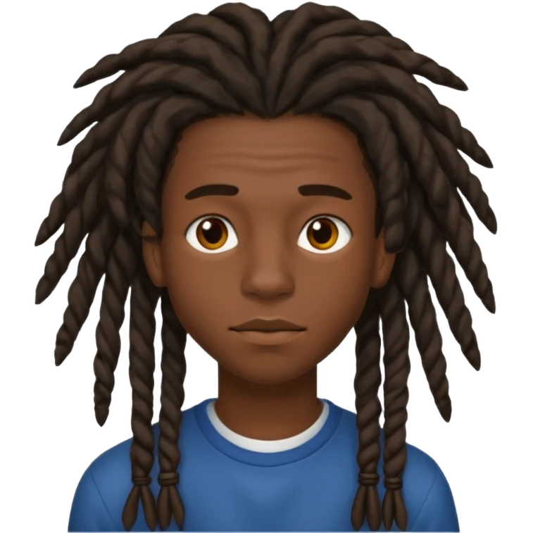 Une homme de 17 ans il a la peau noir foncé , des lèvres pulpeuses et un regard nonchalant. Il a un des locks emoji