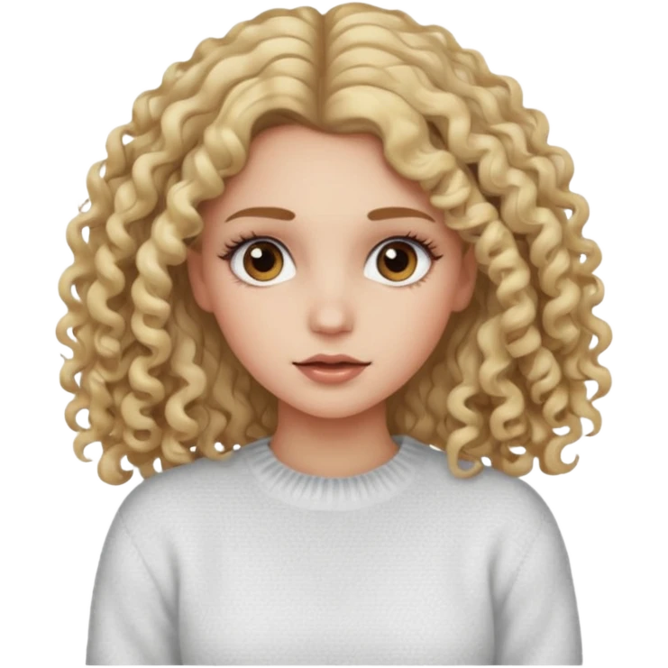 a dirty blonde girl with brown eyes and make her wearing a white sweater with curly hair and white skin color, long hair and big lashes emoji