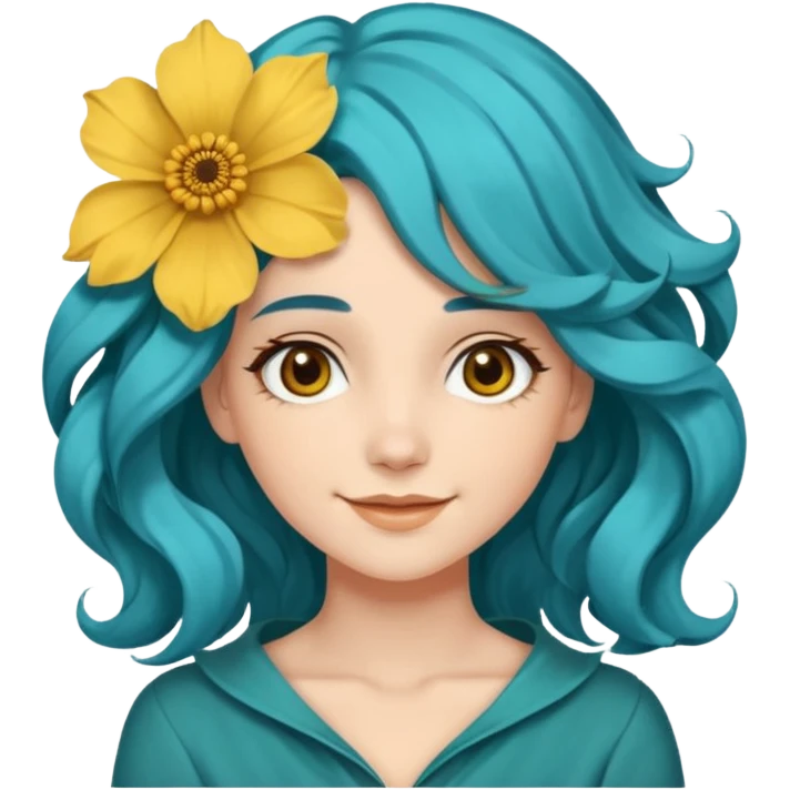 A woman with wavy teal-blue hair styled in loose curls. Her hair is adorned with large golden-yellow flower petals She has soft brown eyes, smooth skin, and a small friendly smile on her face. emoji