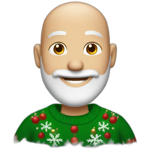 a smiling bald man with a gray beard, wearing a Christmas sweater emoji