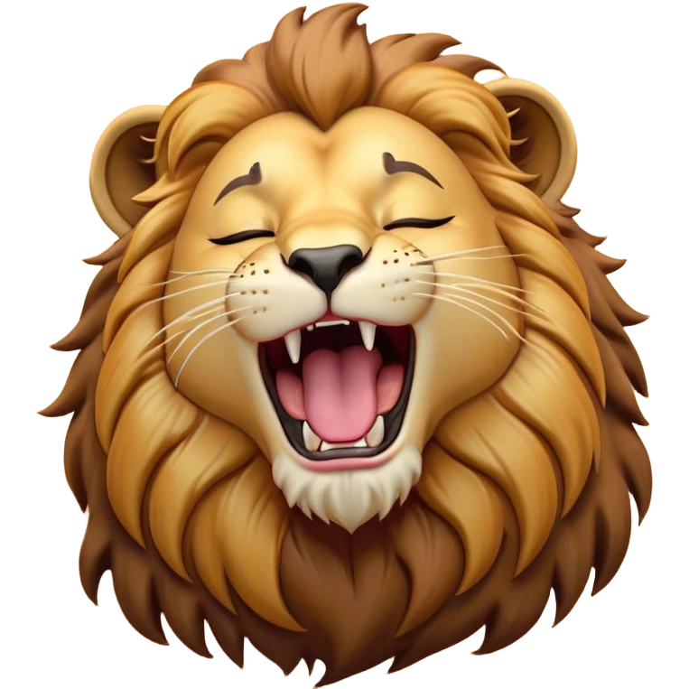 Cinematic Cute Yawning Lion Portrait Emoji, Head tilted slightly with a dramatic, wide-open yawn, showcasing a soft, downy tawny Fur with a majestic mane, floppy ears slightly drooping, round amber eyes barely open in drowsy contentment, Simplified yet irresistibly adorable features, highly detailed, glowing with a soft, cozy glow, high shine, relaxed yet expressive, stylized with a touch of savannah whimsy, bright and endearing, soft glowing outline, capturing the essence of a sleepy yet affectionate lion, so drowsy it feels like it could stretch out of the screen and curl up for a nap! emoji