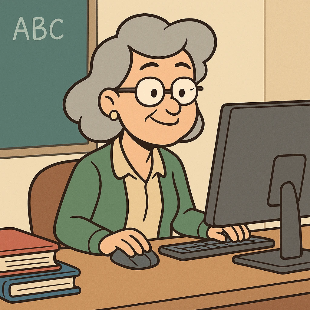 female teacher with grey hair at desk working in front of computer, cartoon style emoji