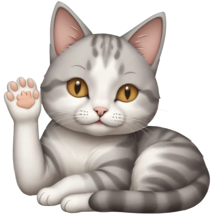 grey and white small cat with its eyes closed lying down with its paw holding up his head emoji