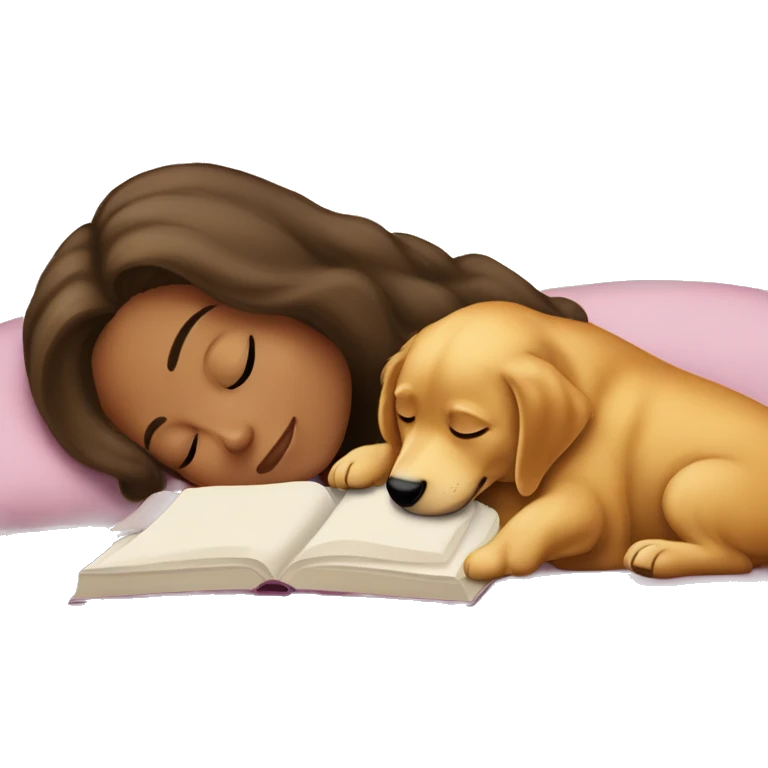 Bob hair brunette napping with her golden retriever puppy while reading emoji