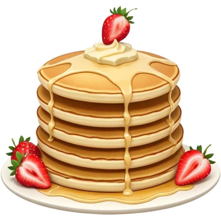 a stack of 3 pancakes with melted white chocolate drizzle on the top pancake and strawberries emoji