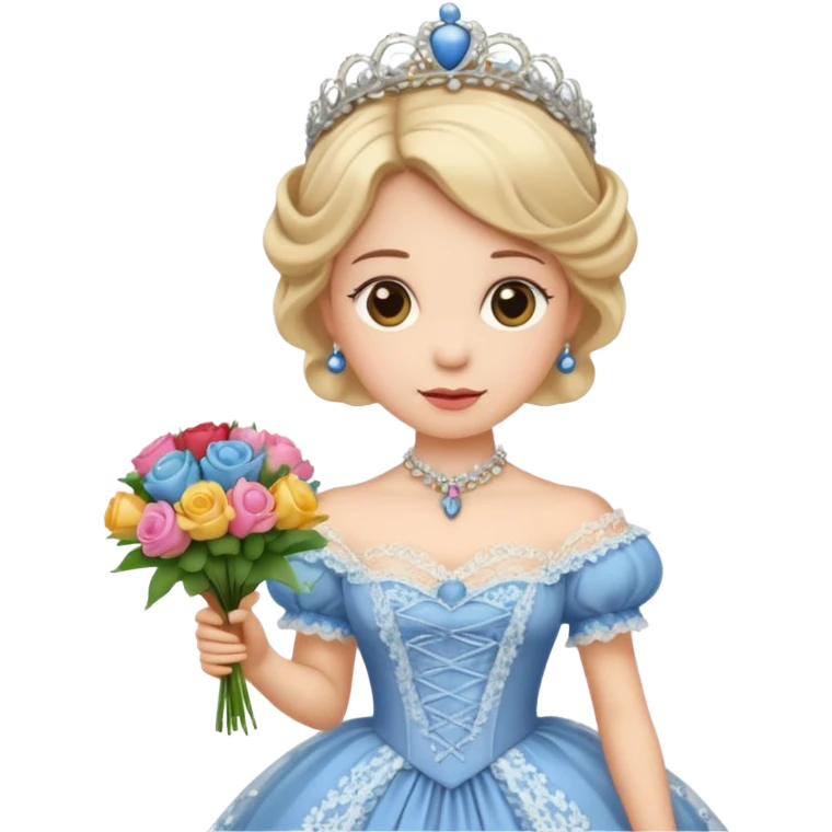 An emoji portrait of a Victorian princess. She is wearing an elaborate crinoline ball gown with intricate lace trim and ribbons. She wears a tiara on her head, and her expression is poised and proper. She is holding a small bouquet of flowers. emoji