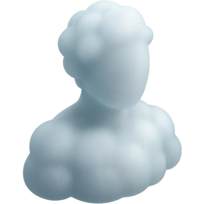 person made entirely of white fluffy convex clouds, shoulder up, front view, matte glass style emoji