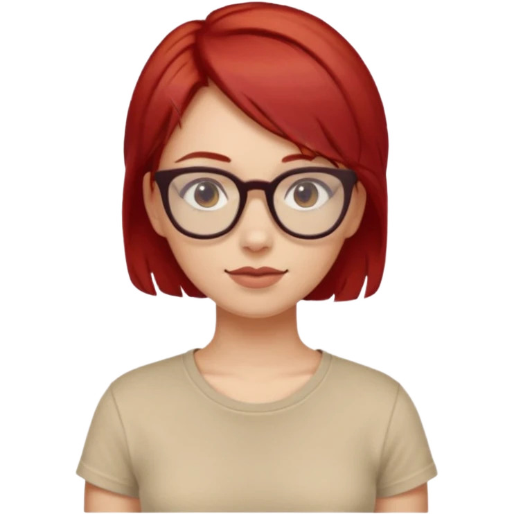 girl short-layer-red-hair wear beige T-shirt, wear dark red glasses emoji