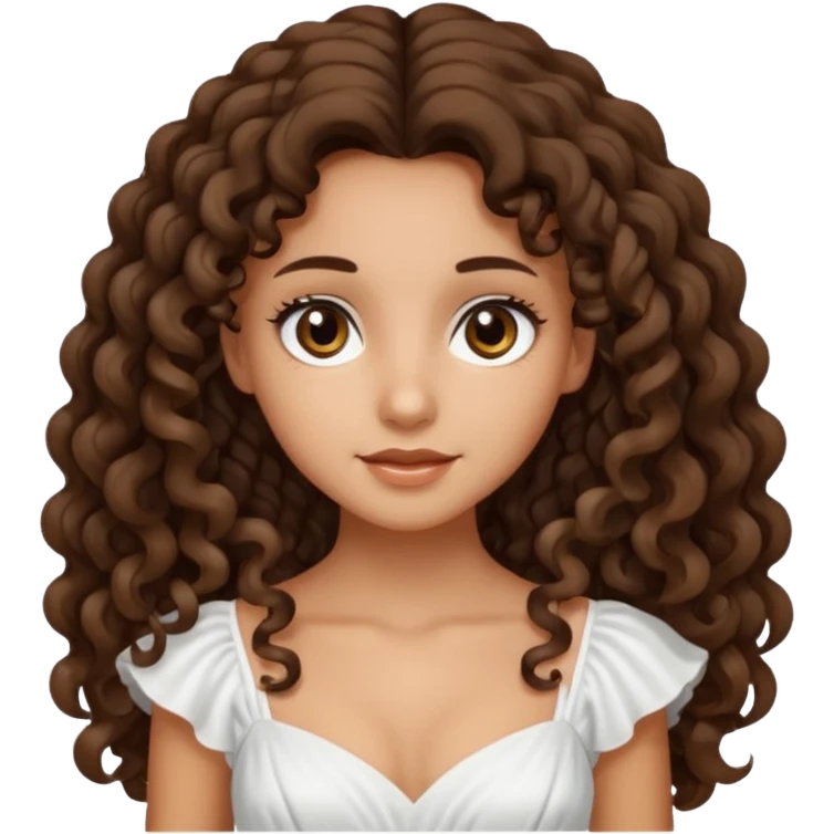Light tanned skin girl with dark brown very long curly hair, dark eyes, white dress  emoji