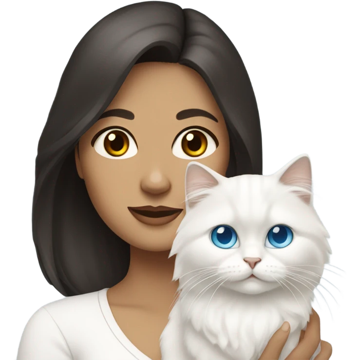 woman with dark hair and holding a all white Siberian cat with blue eyes emoji