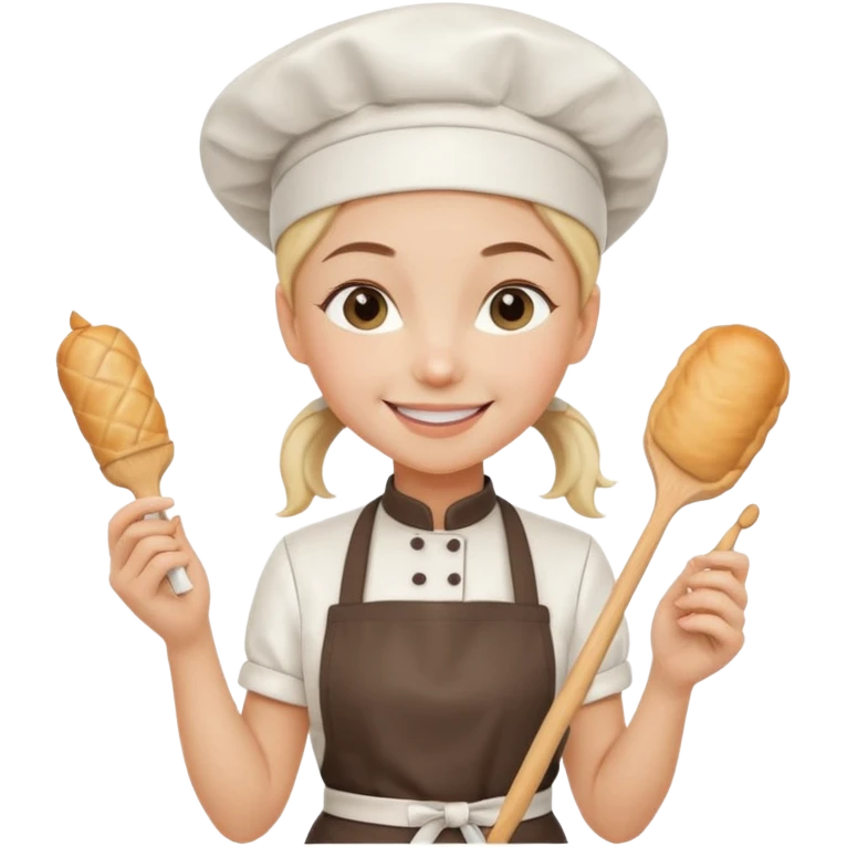 Young female pastry chef - ponytail, apron, wearing a white hat, holding a cream piping bag emoji