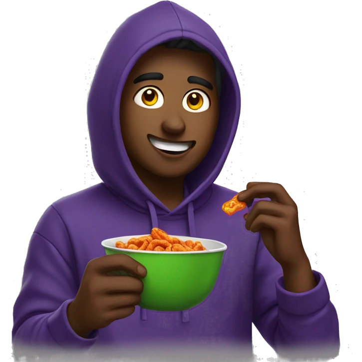 student wearing a hoodie while eating takis emoji