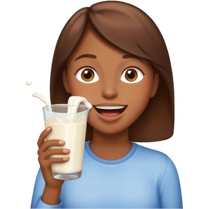 Happy brown hair emoji with milk spilling from mouth emoji
