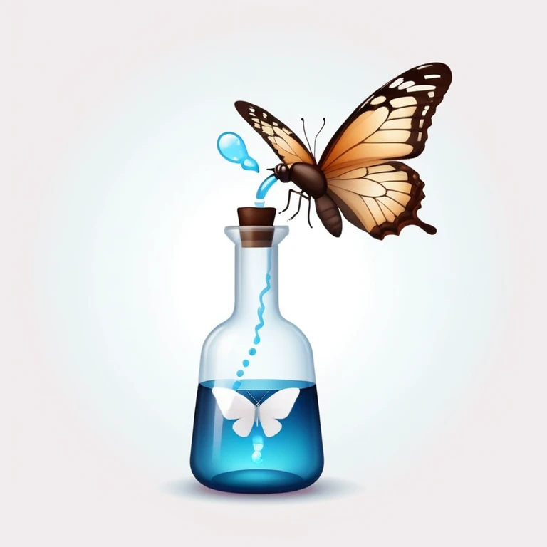 Small dark brown bottle with white cap floating next to a bright translucent butterfly-shaped thyroid icon, representing connection with metabolism and hormonal system emoji