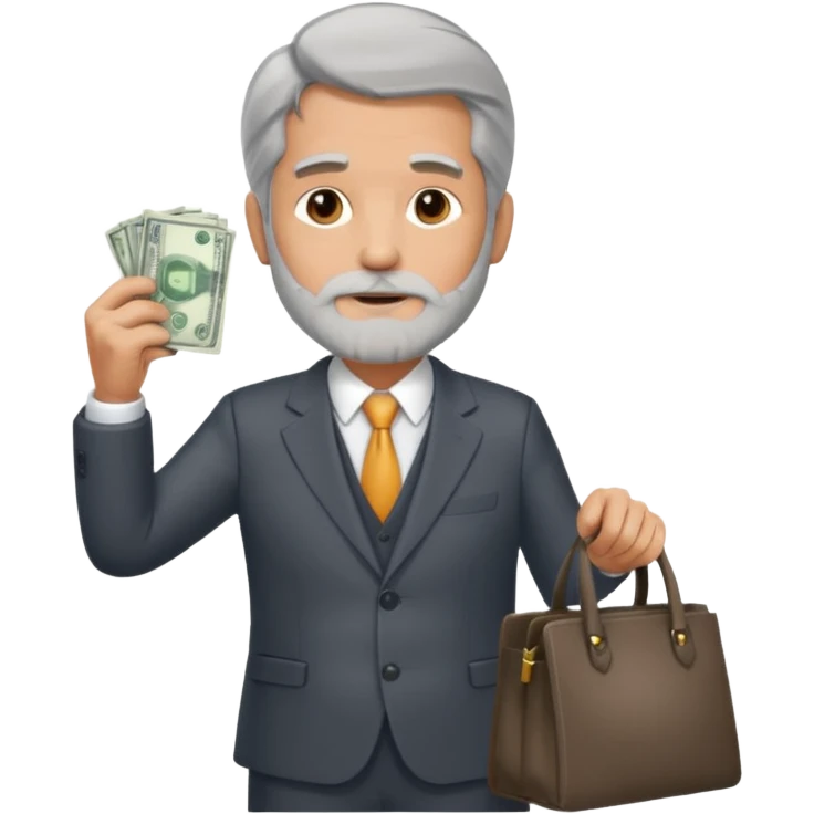 Un hombre con traje, de unos 60 años con barba, pelo largo, sin gafas y con una bolsa de dinero, importante, con traje de negocios y sin gafas  emoji