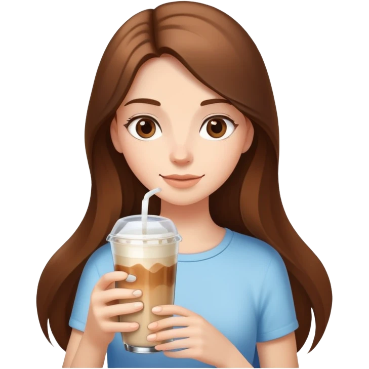 girl with long brown hair has ice latte coffee in glasse cup emoji