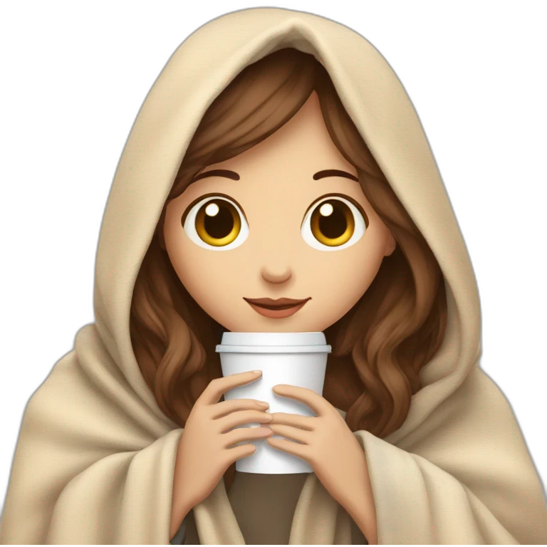 pale sking brown hair girl holding a coffee cup inside a blanket emoji
