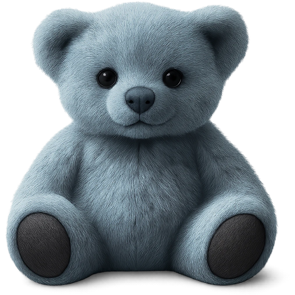 Make the teddy bear's fur a mix of realistic blue and white with soft lighting. Remove the background to make it transparent. The style should be realistic and natural looking. emoji